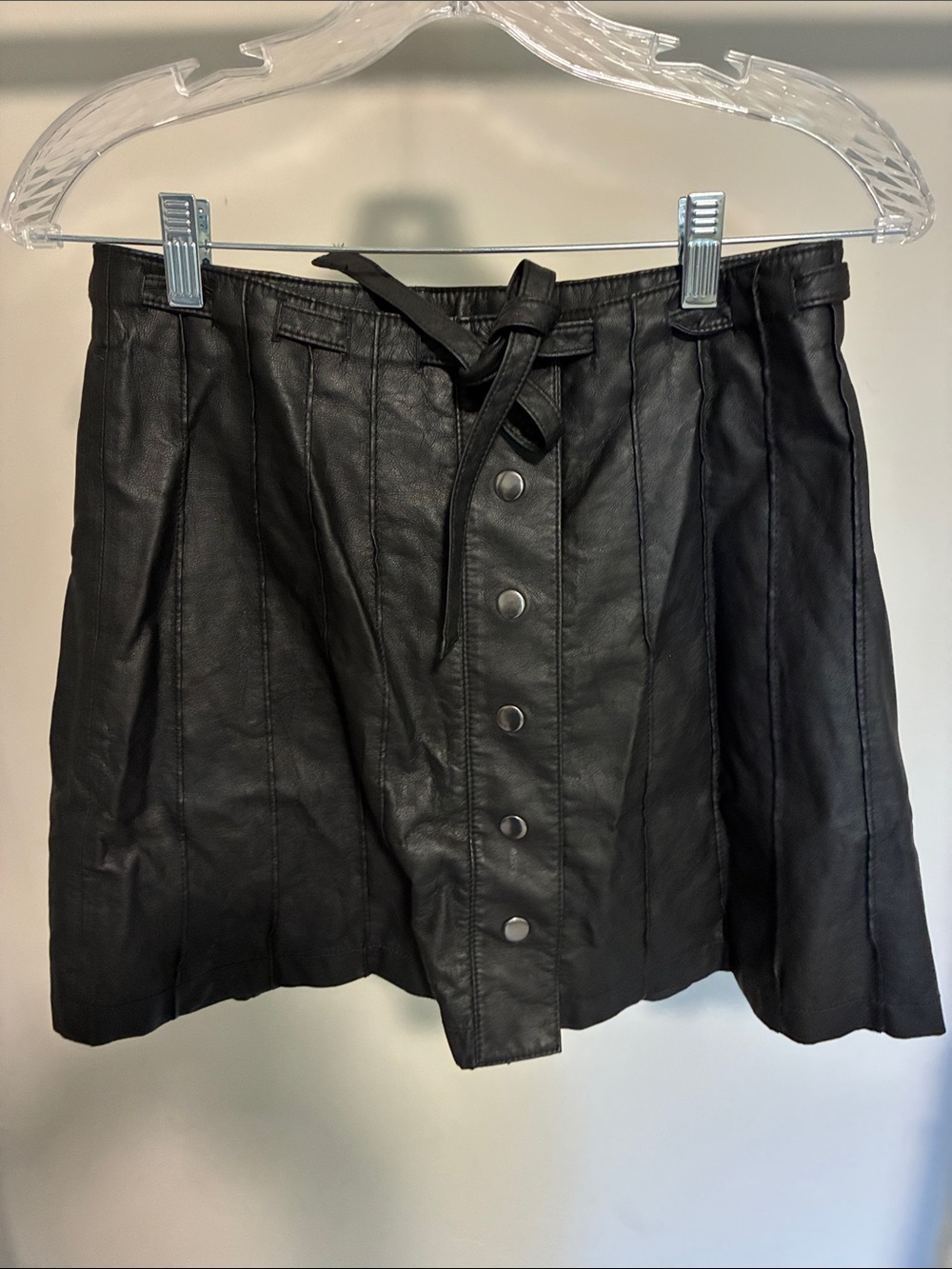 Free People Black Faux Leather Button-Front Skater Skirt with Tie